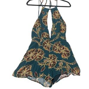 Magnolia South Dark Green & Gold halter romper with a floral and paisley pattern